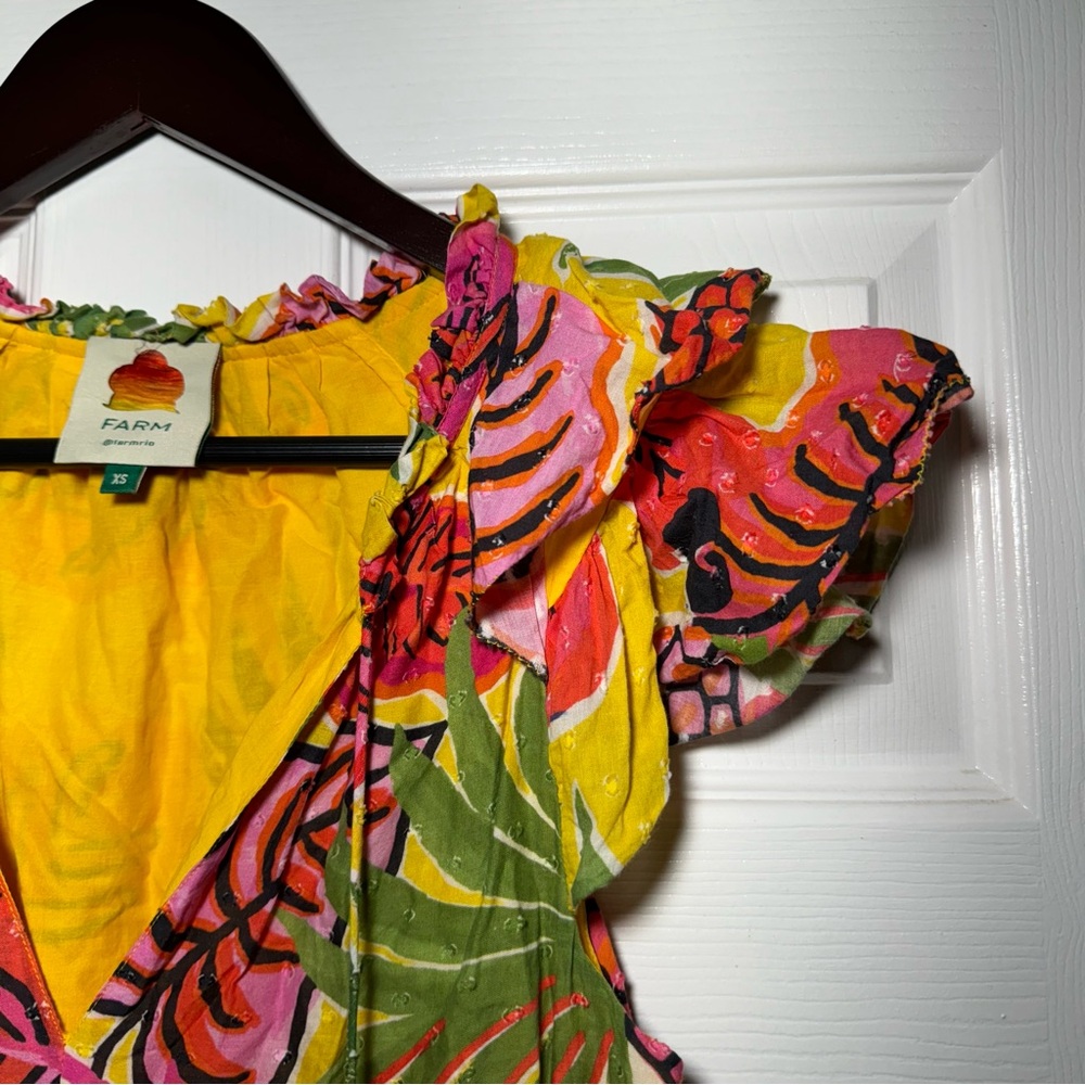 Farm Rio • Ruffle Mini Dress • Yellow Fruit Dream • XS • Beaded Tassels • $180 - Picture 6 of 14